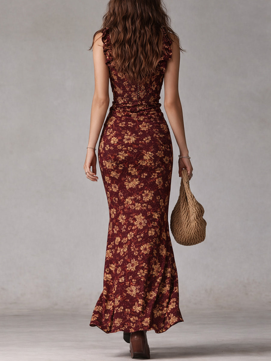 Rosie | Retro Ruffled Sleeves High Slit Maxi Dress