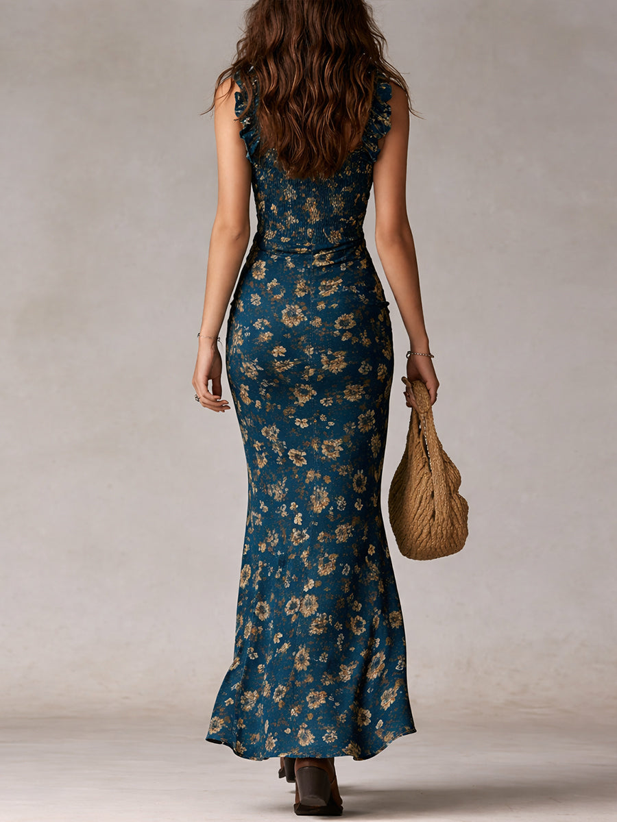 Rosie | Retro Ruffled Sleeves High Slit Maxi Dress