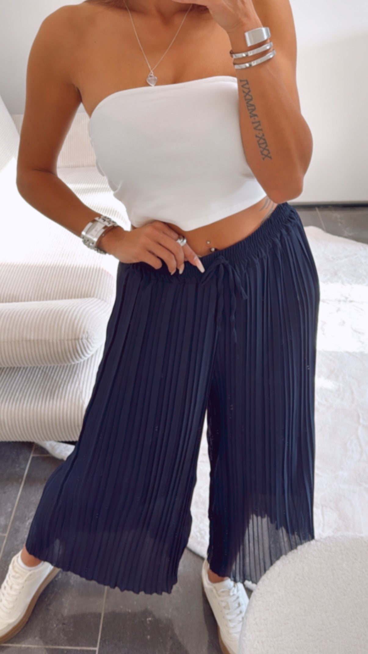 Ava | Navy Blue Pleated Summer Pants