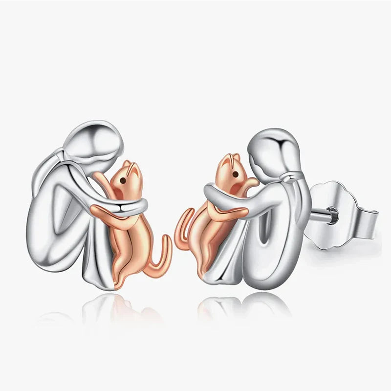 "Forever in Your Heart" Cat Hug Rose Gold Stud Earrings