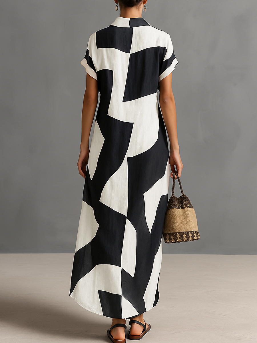 Elina | Chic Geometric Maxi Shirt Dress