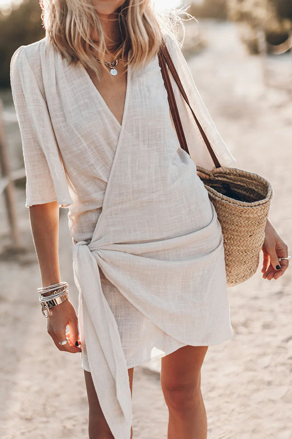 Sharon | Linen Wrap Mini Dress Asymmetrical - Beige
