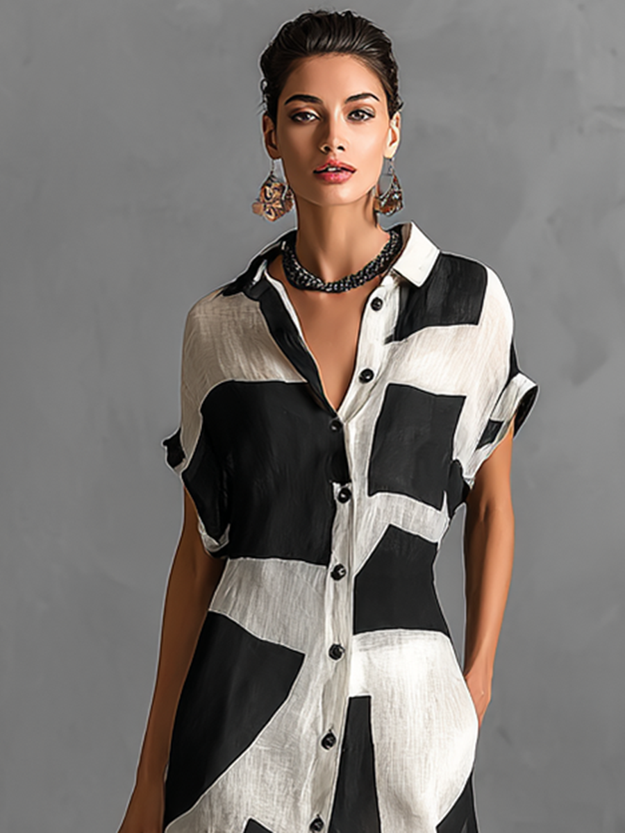 Elina | Chic Geometric Maxi Shirt Dress