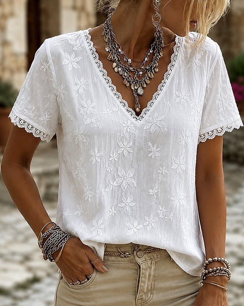 Liora | V-Neck Lace Short Sleeve Blouse