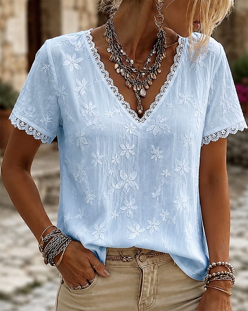 Liora | V-Neck Lace Short Sleeve Blouse