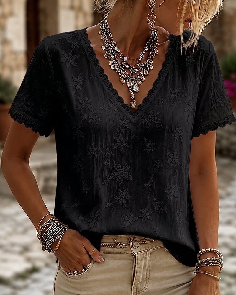 Liora | V-Neck Lace Short Sleeve Blouse