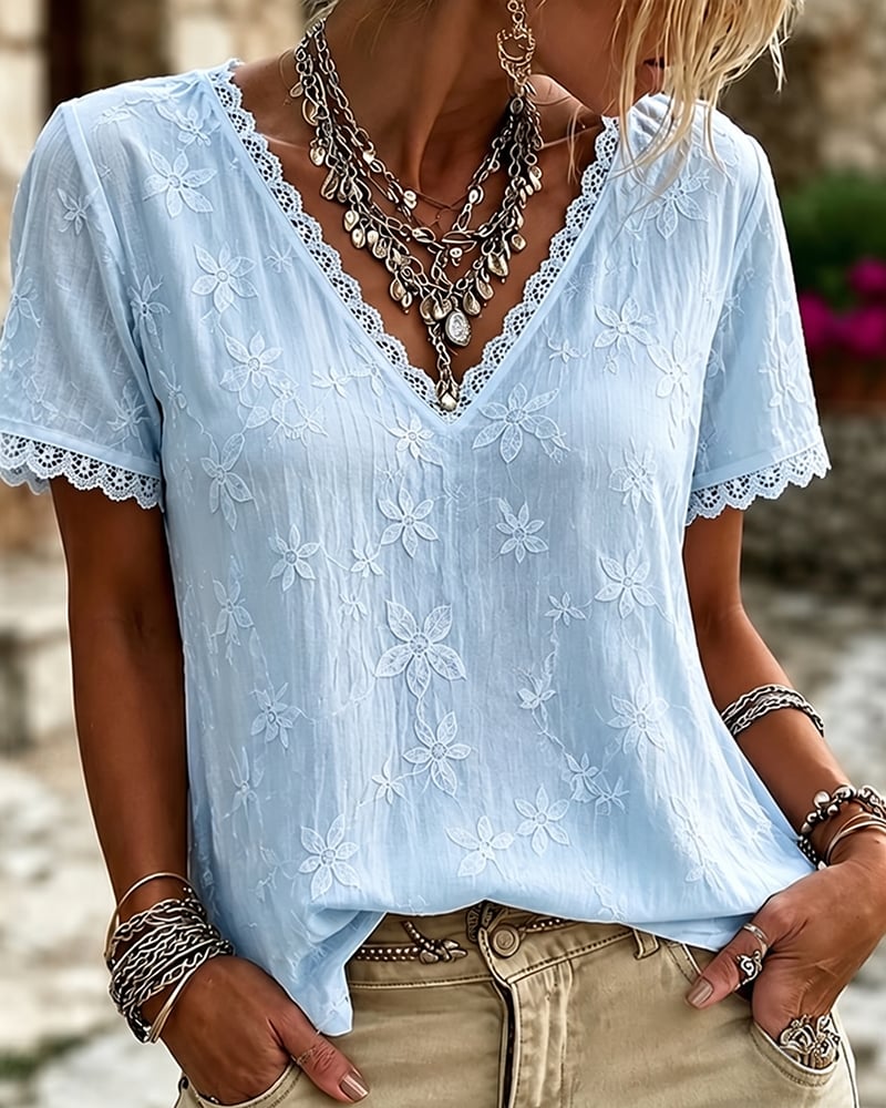 Liora | V-Neck Lace Short Sleeve Blouse