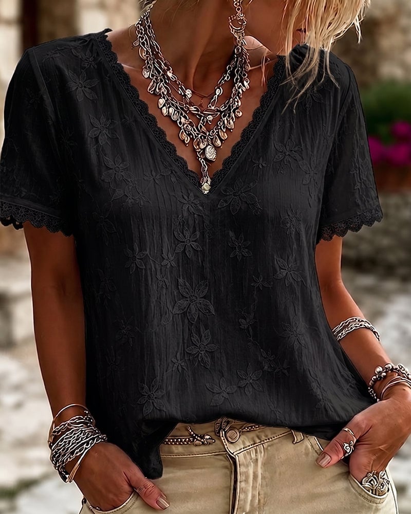 Liora | V-Neck Lace Short Sleeve Blouse
