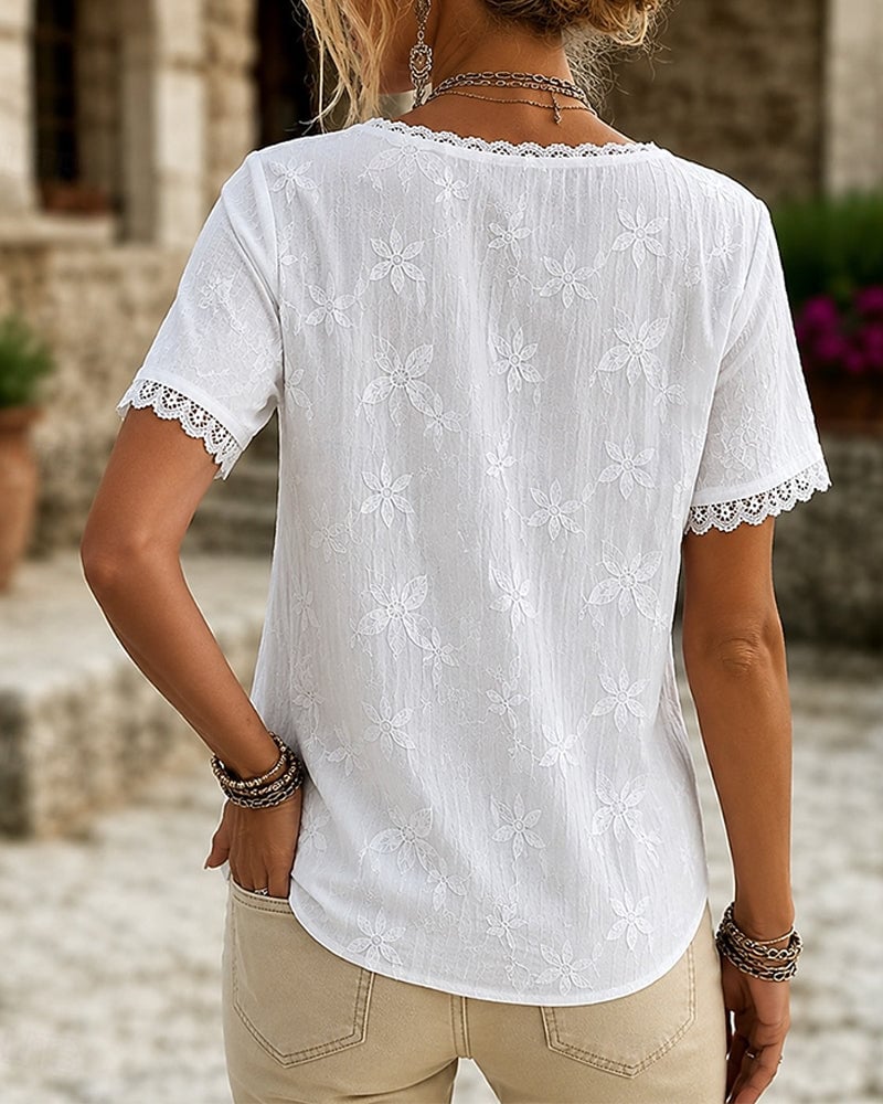Liora | V-Neck Lace Short Sleeve Blouse