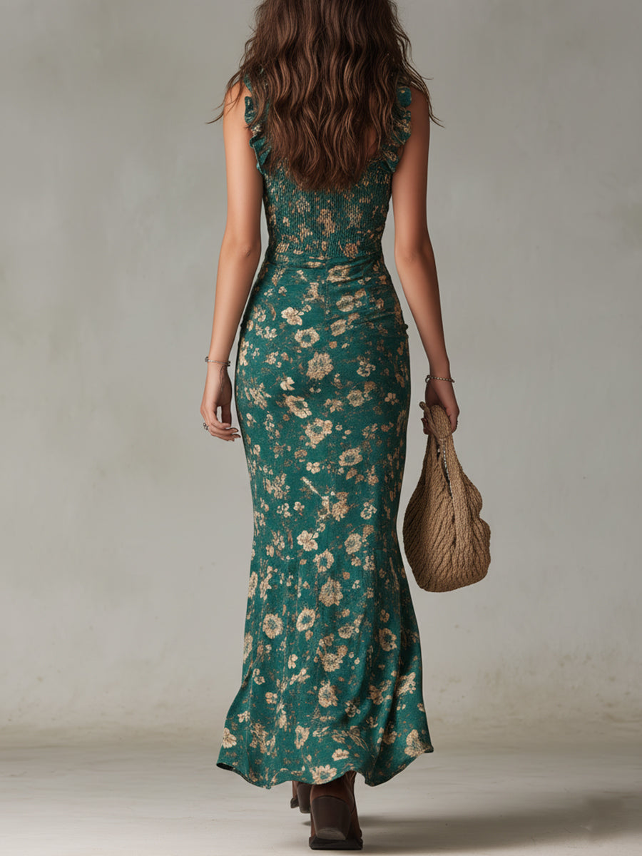 Rosie | Retro Ruffled Sleeves High Slit Maxi Dress