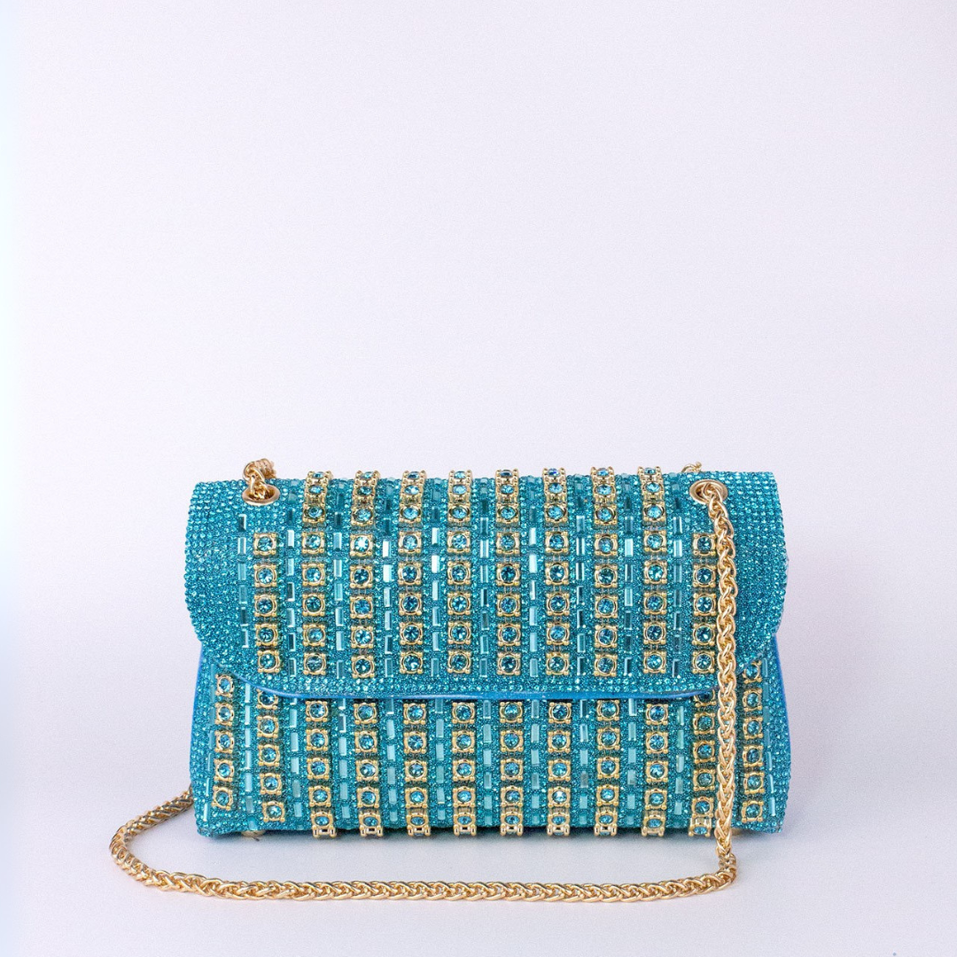 Beverly | Diamond Chain Shoulder Bag - Sky Blue