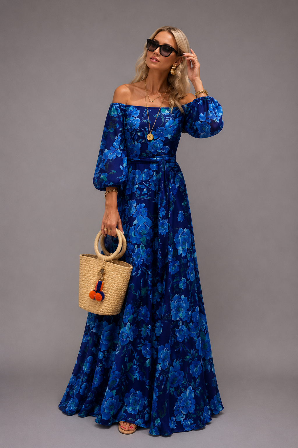 Luna™ | Long Floral Print Dress with Off-the-Shoulder Sleeves
