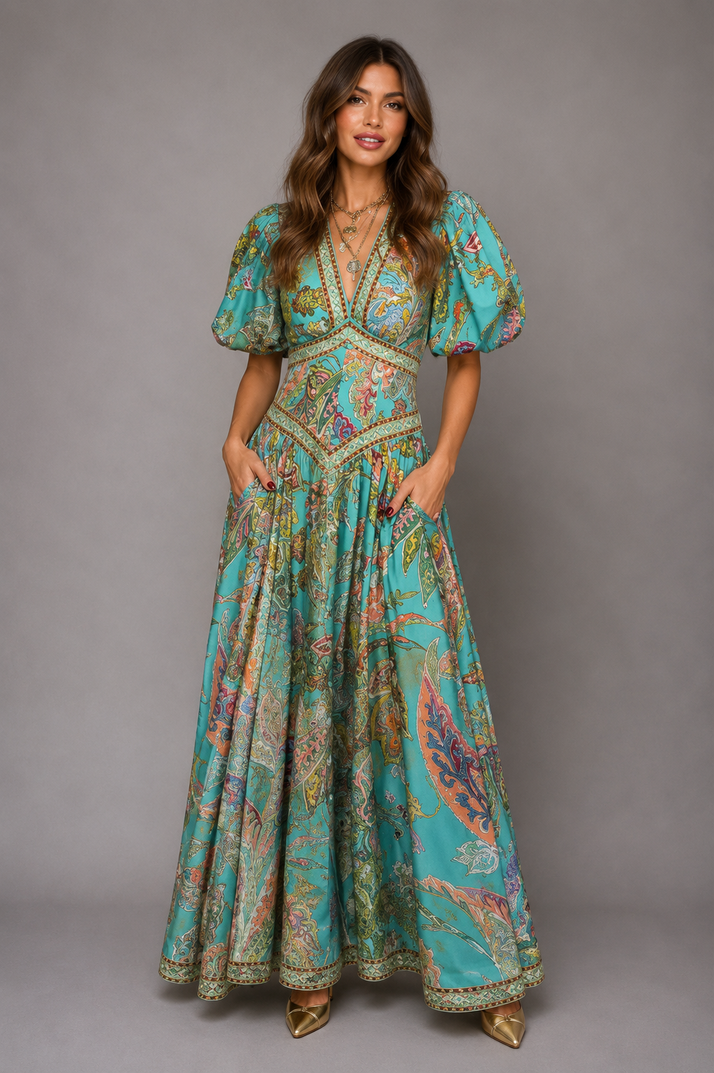 Elizabeth™ | Airy maxi dress with puff sleeves and V-neck
