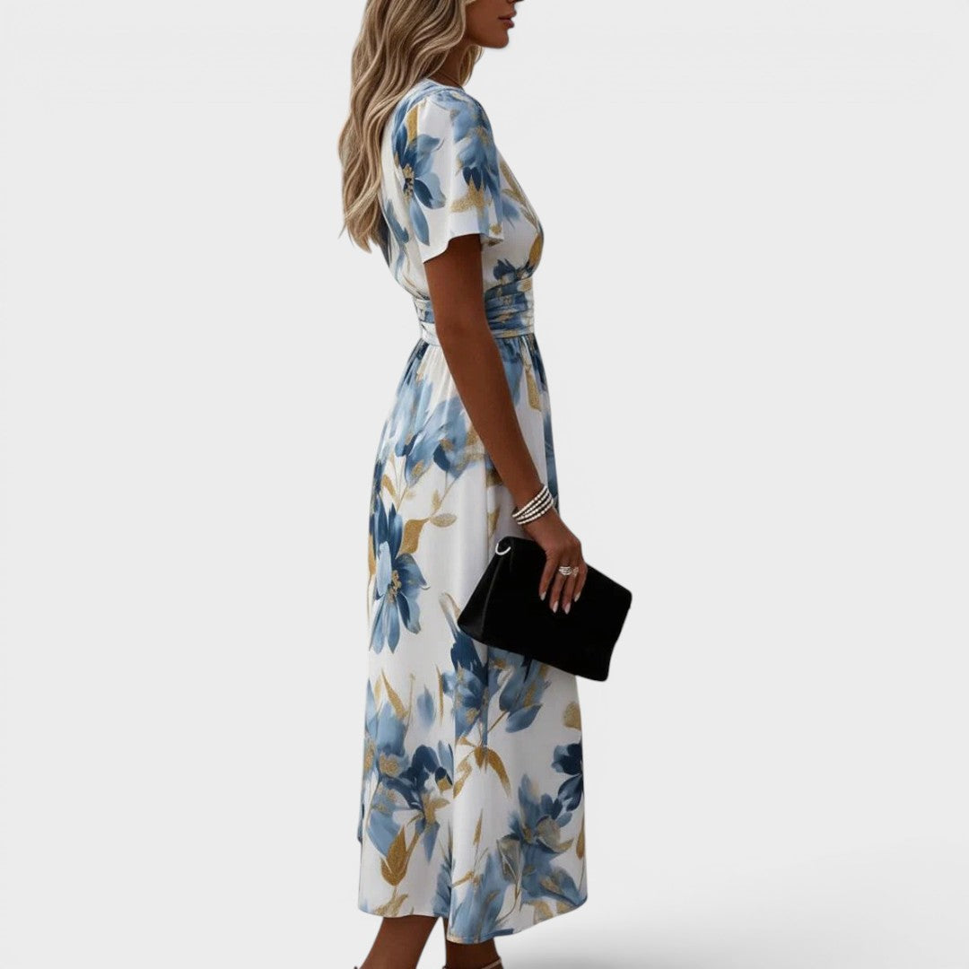 Elara | Wrap Waist Floral Midi Dress