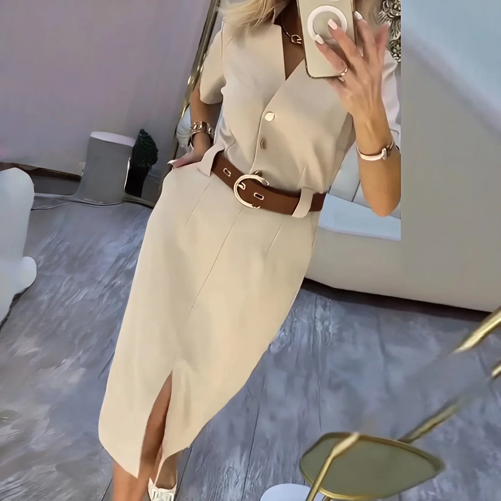 Margaret | Midi Shirt Dress with Front Slit - detail