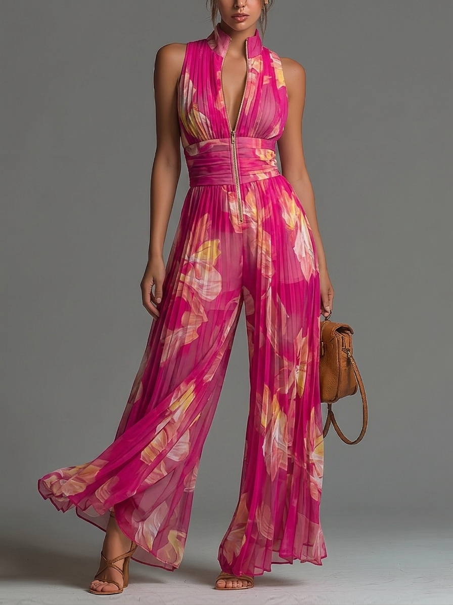 Paige  | Fuchsia Floral Pleated Jumpsuit
