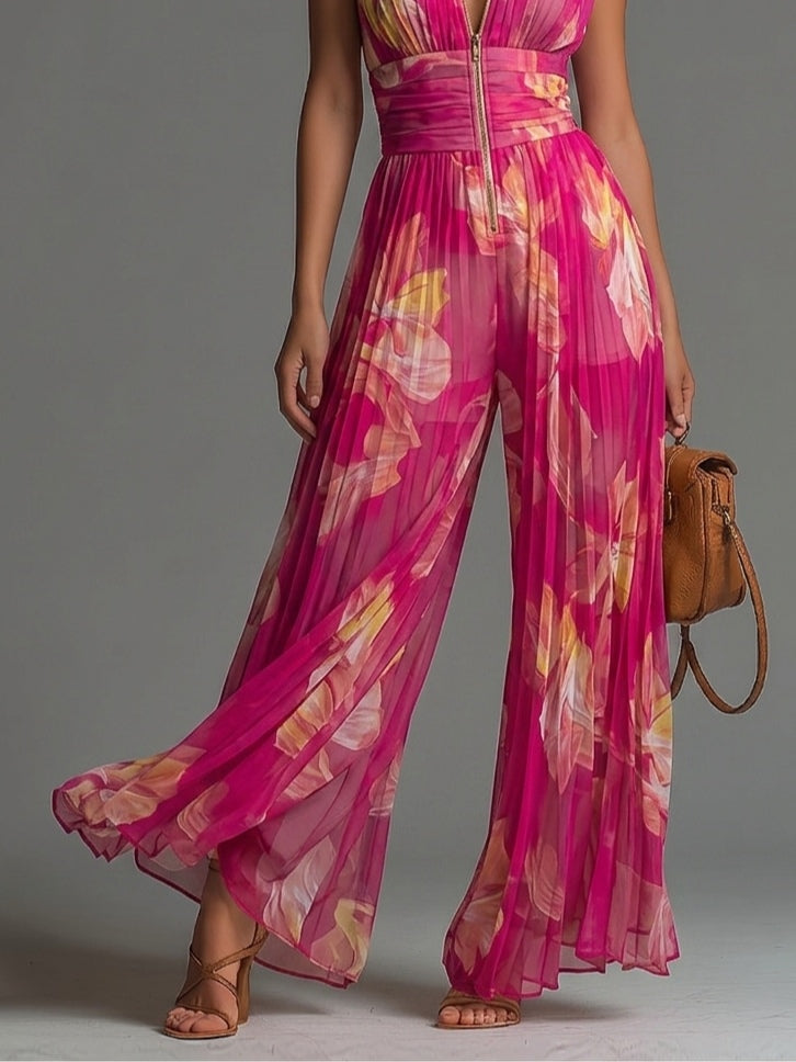 Paige  | Fuchsia Floral Pleated Jumpsuit