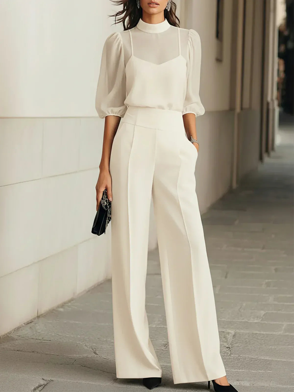 Valentina | Sheer Top and Wide-Leg Pants Set