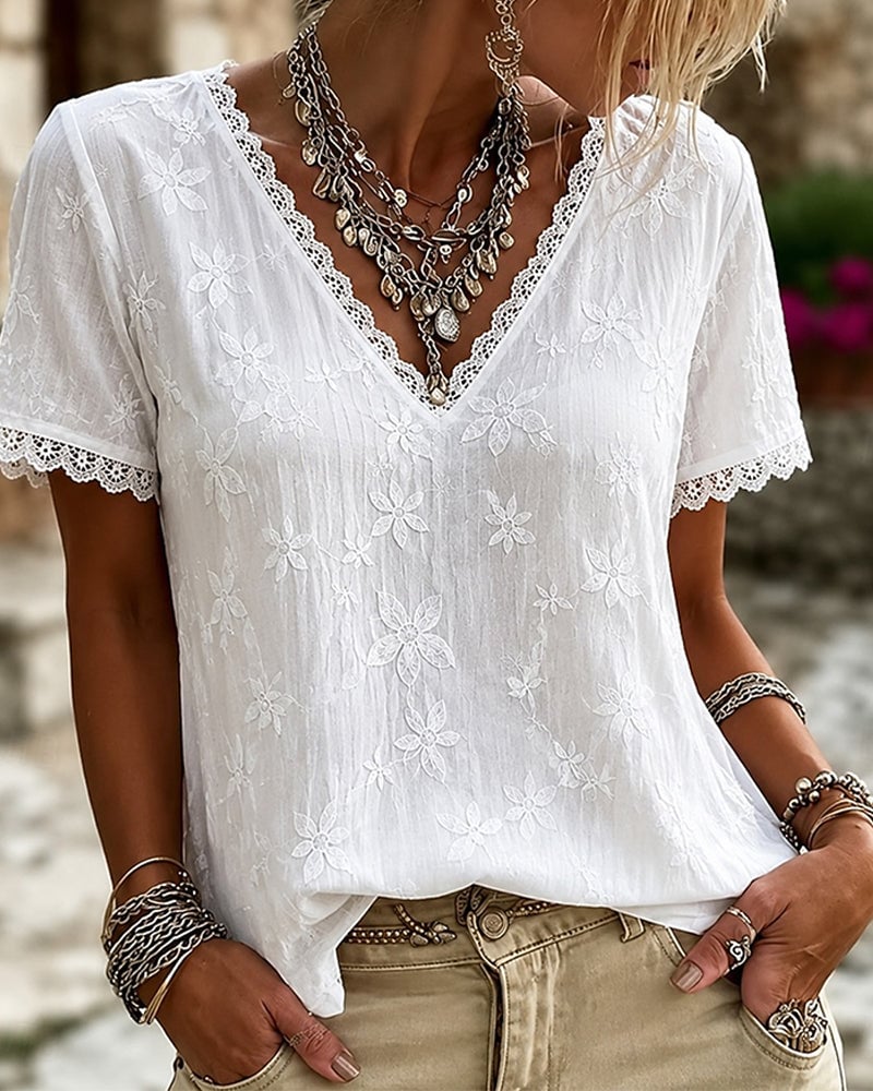 Liora | V-Neck Lace Short Sleeve Blouse