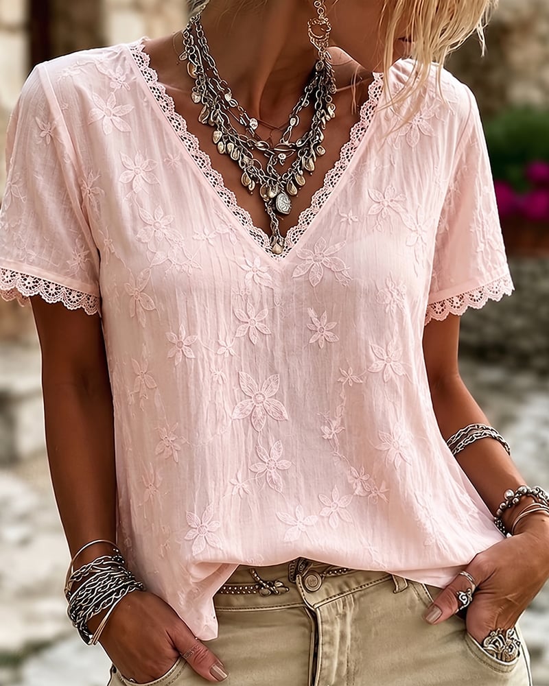 Liora | V-Neck Lace Short Sleeve Blouse