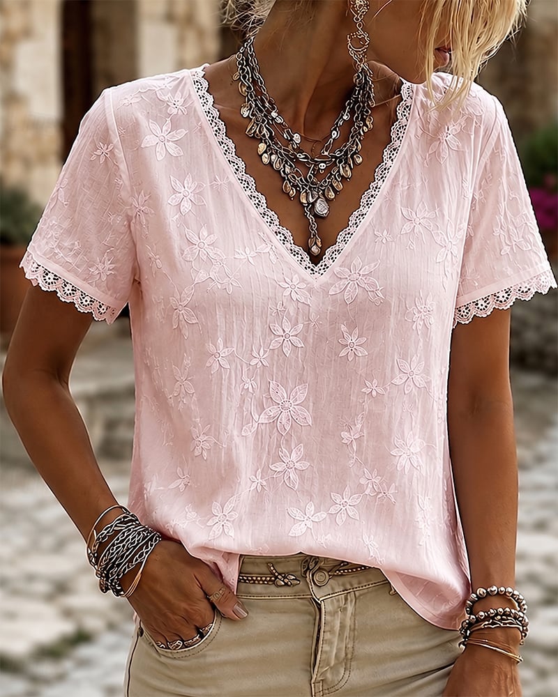 Liora | V-Neck Lace Short Sleeve Blouse